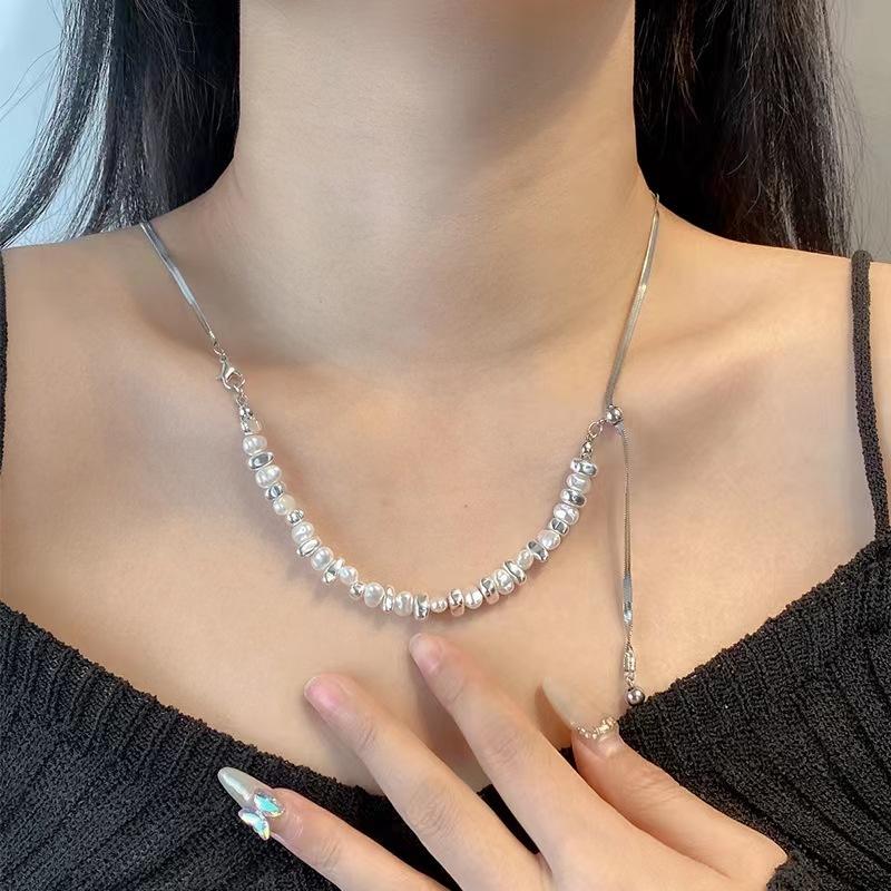 Niche Design Broken Silver Special-Shaped Pearl Splicing Necklace Female Cold Wind Simple Versatile Pull-Out Collarbone Chain