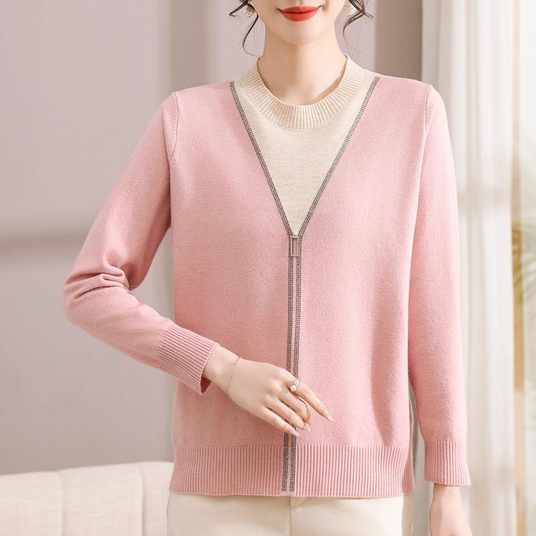 Spring New Mother-in-law T Middle-aged and Elderly Ladies Sweater Round Neck Thin Long-sleeved Sweater Loose Mother-in-law Coat