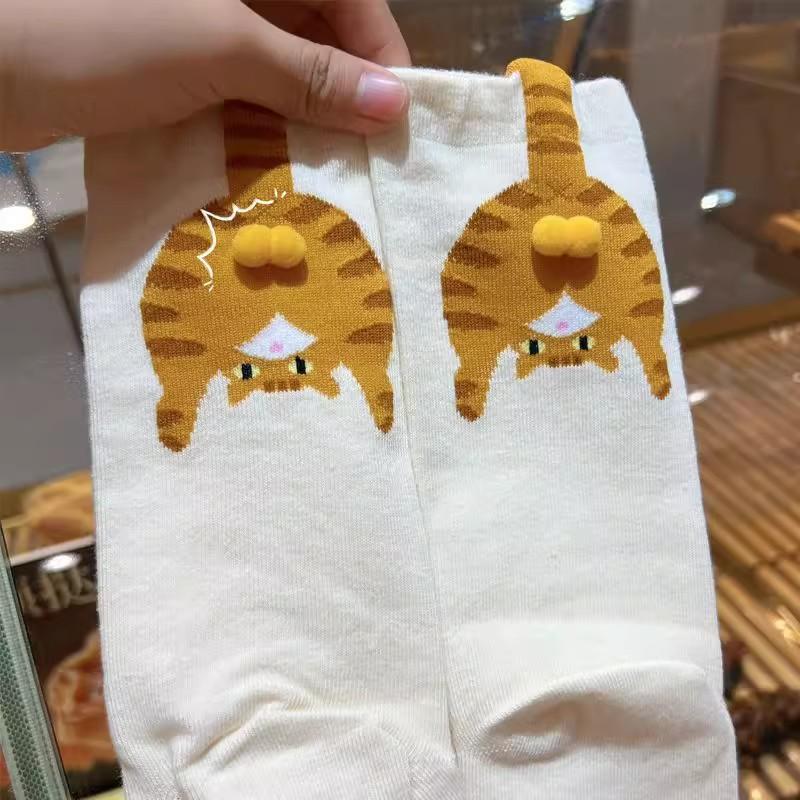 3PAIRS Cartoon 3D Cat Eggs Funny Mid-length Women's Socks Soft Breathable Personality Socks