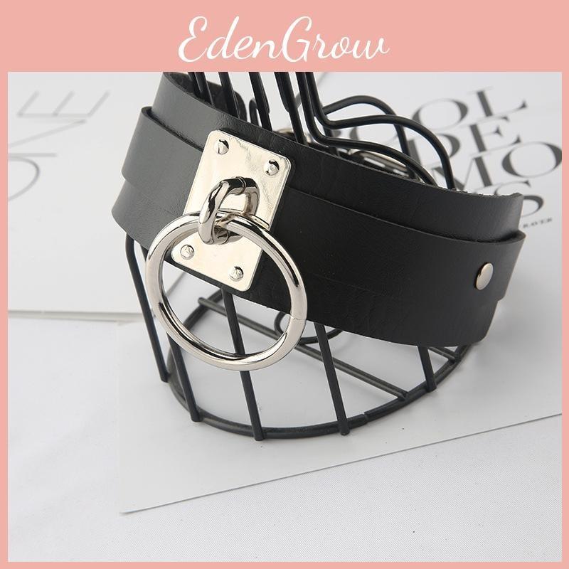 Fashion Solid Color Large Metal Ring Decoration Women Pu Leather Necklace Collar