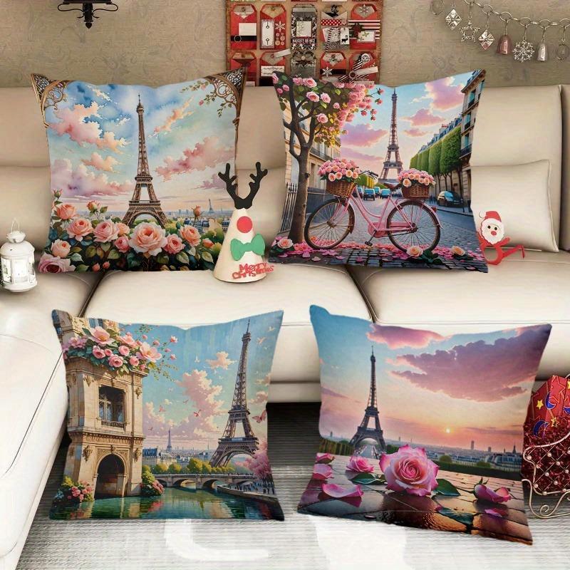 Dreamy Paris Landscape Pillowcase - Eiffel Tower & Floral Bicycle Print Pillow Cover for Sofa Bedroom Living Room