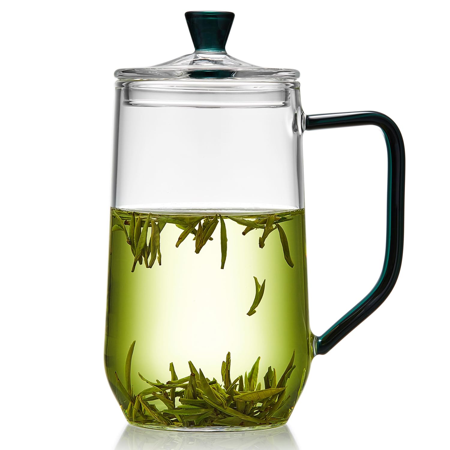 Pokaro Tea Glass with Simple Stylish Green Perfect for Black Tea or Herbal Gift Emerald Green 480ml Heat-Resistant Mug, 480ml, Lid, Easy-Grip Handle, зелёный