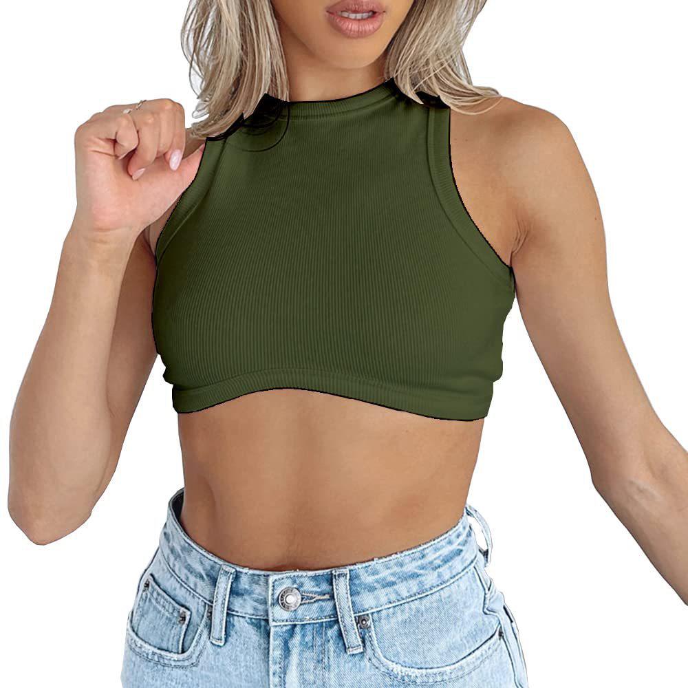 Dámský crop top bez rukávů z žebrovaného úpletu - Sexy styl s kulatým výstřihem