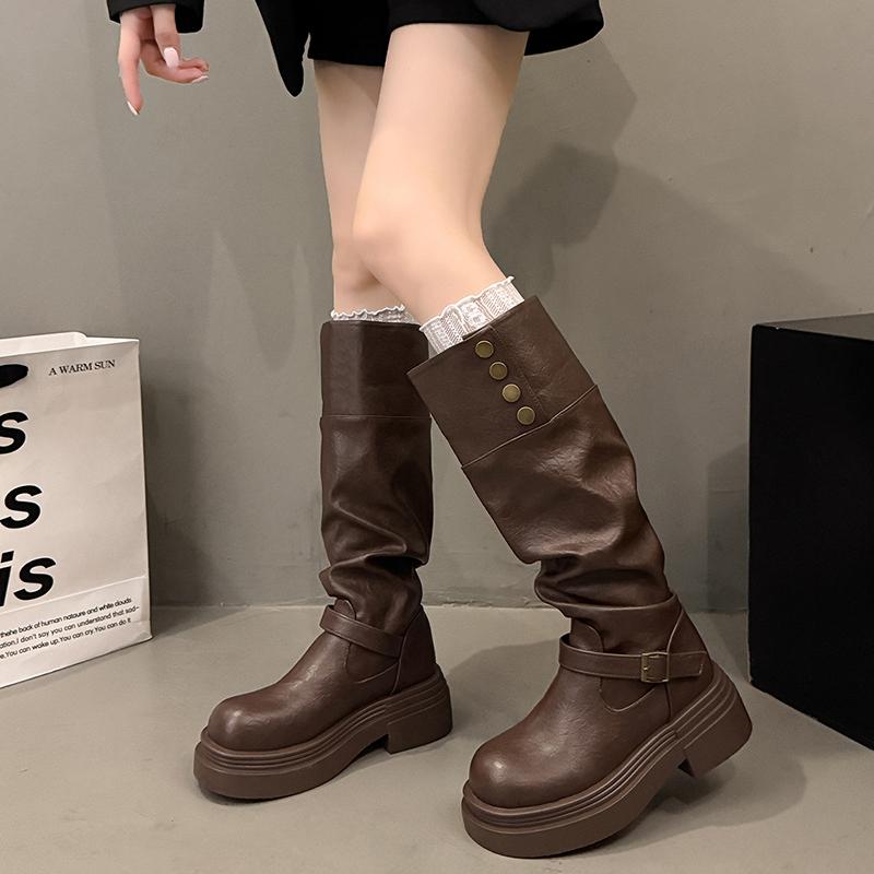 Fashion Vintage Women Knee High Boots Autumn Winter Ladies Causal Thick Heel Knight Long Botas Zapatos De Mujer