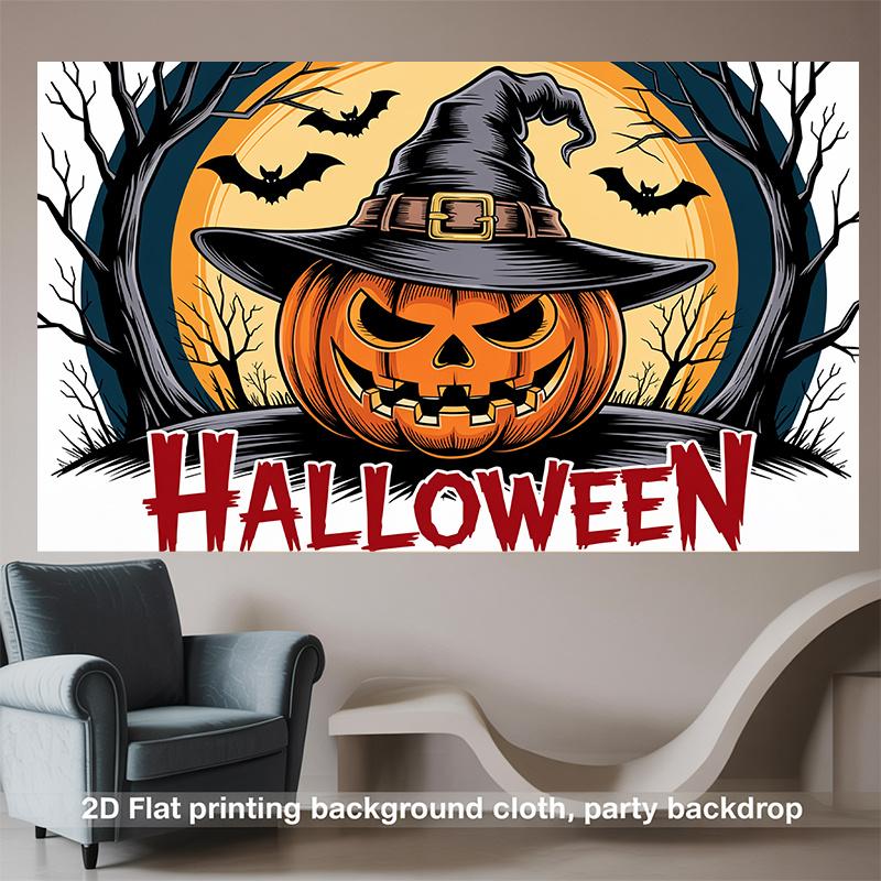 Halloween Backdrop Pumpkin Witch Hat Bats Party Wall Decor