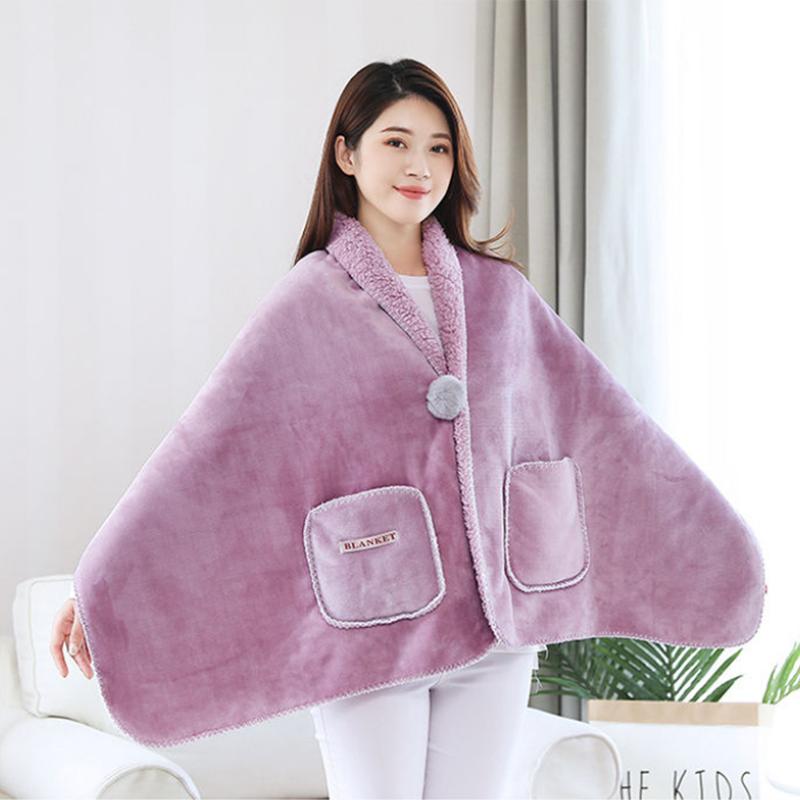

Осенне-зимнее многофункциональное шаль-одеяло, офисное одеяло, толстое фланелевое одеяло из овечьей шерсти, наколенник с меховым карманом для мячей розовый