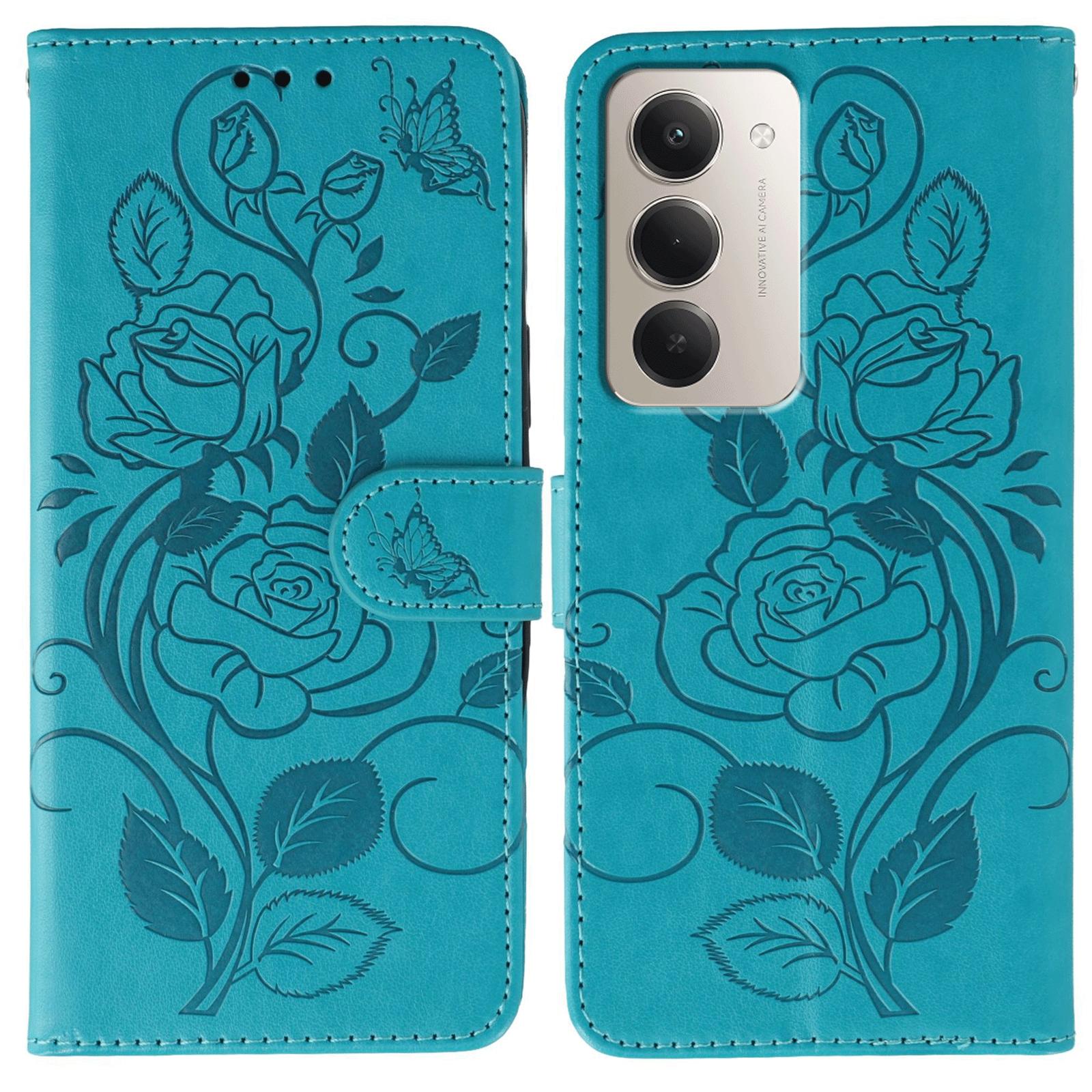 

Для Xiaomi Redmi 15 5G Чохол Гаманець Підставка З Тисненням Троянда Метелик PU Шкіра Чохол для Телефону Blue