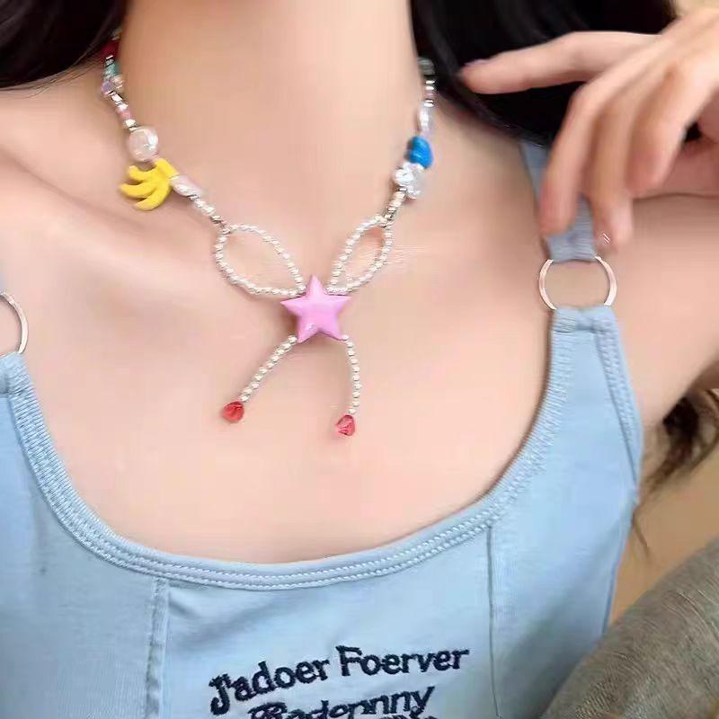 Дофаминовая Цветная Звезда из Бусин Ожерелье Жемчужное Рисовое Ожерелье с Бантом Милый Банан Тысячелетие Y2K Цепочка на Ключицу