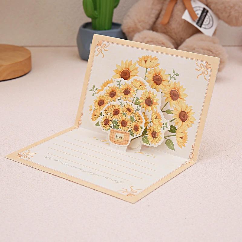 1PC Paper Postcard 3D Greeting Card Creative Roses Birthday Gift Card Sunflowers Bouquet Pop-Up Tulips