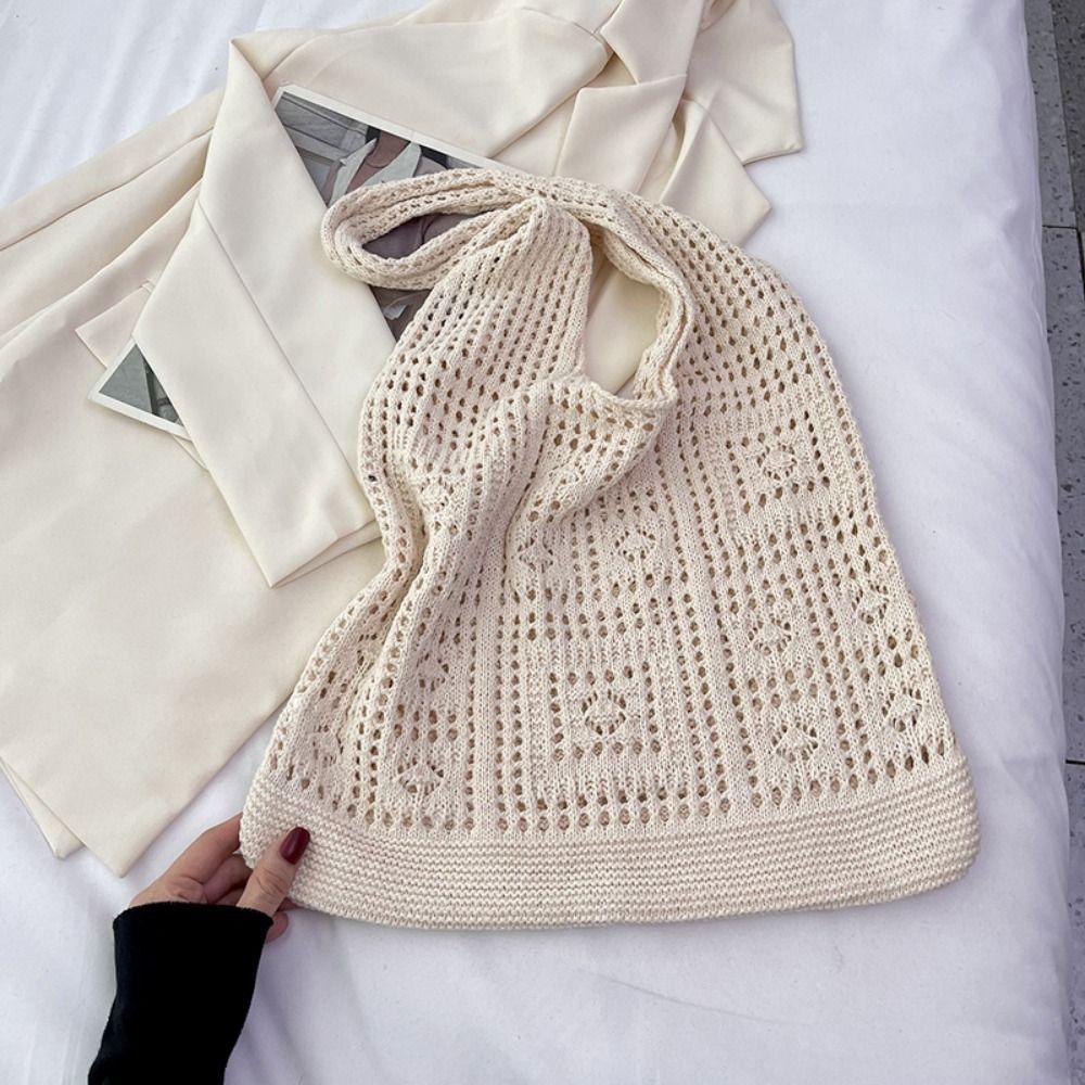 Solid Color Knitting Shoulder Bag Woven Hollow Crochet Mesh Bag Bohemian Style Large Capacity Shopping Handbag