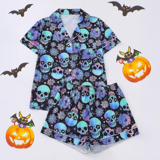 Halloween Women Pajamas Set Ghost Pumpkin Print Short Sleeve Button Down Shirts And Shorts Sleepwear Set 2 Piece Loungewear Pjs Short Set