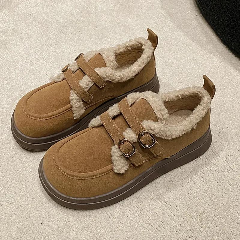

Fashion Women Clogs Platform Round Toe Loafers With Fur Casual Winter Retro New Slip-on Solid Rubber Buckle Female Sneakers Creepers Str 35 коричневый