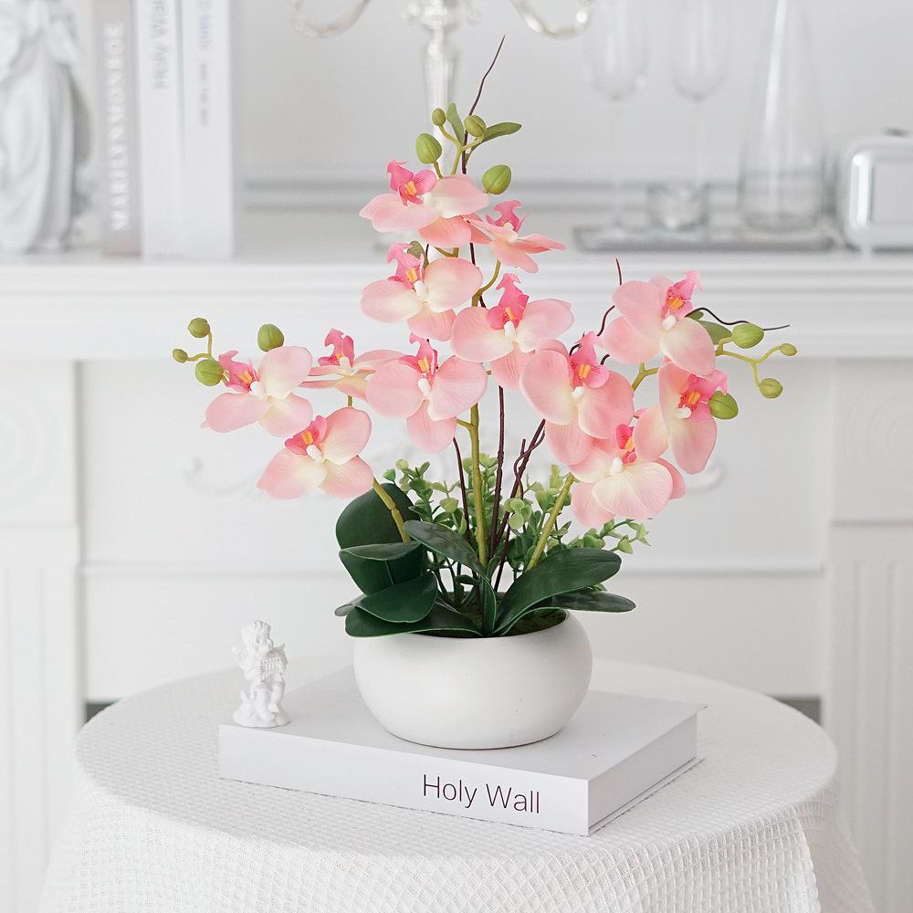 Phalaenopsis Artificial Flower Arrangement in Ceramic Pot – Decorative Faux Orchid for Living Room