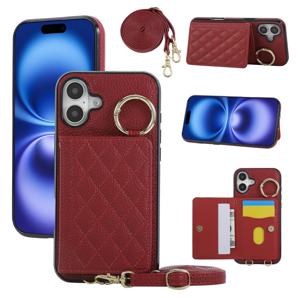 Für iPhone 16 Hülle Ständer Raute Leder+TPU Handyhülle mit Schultergurt