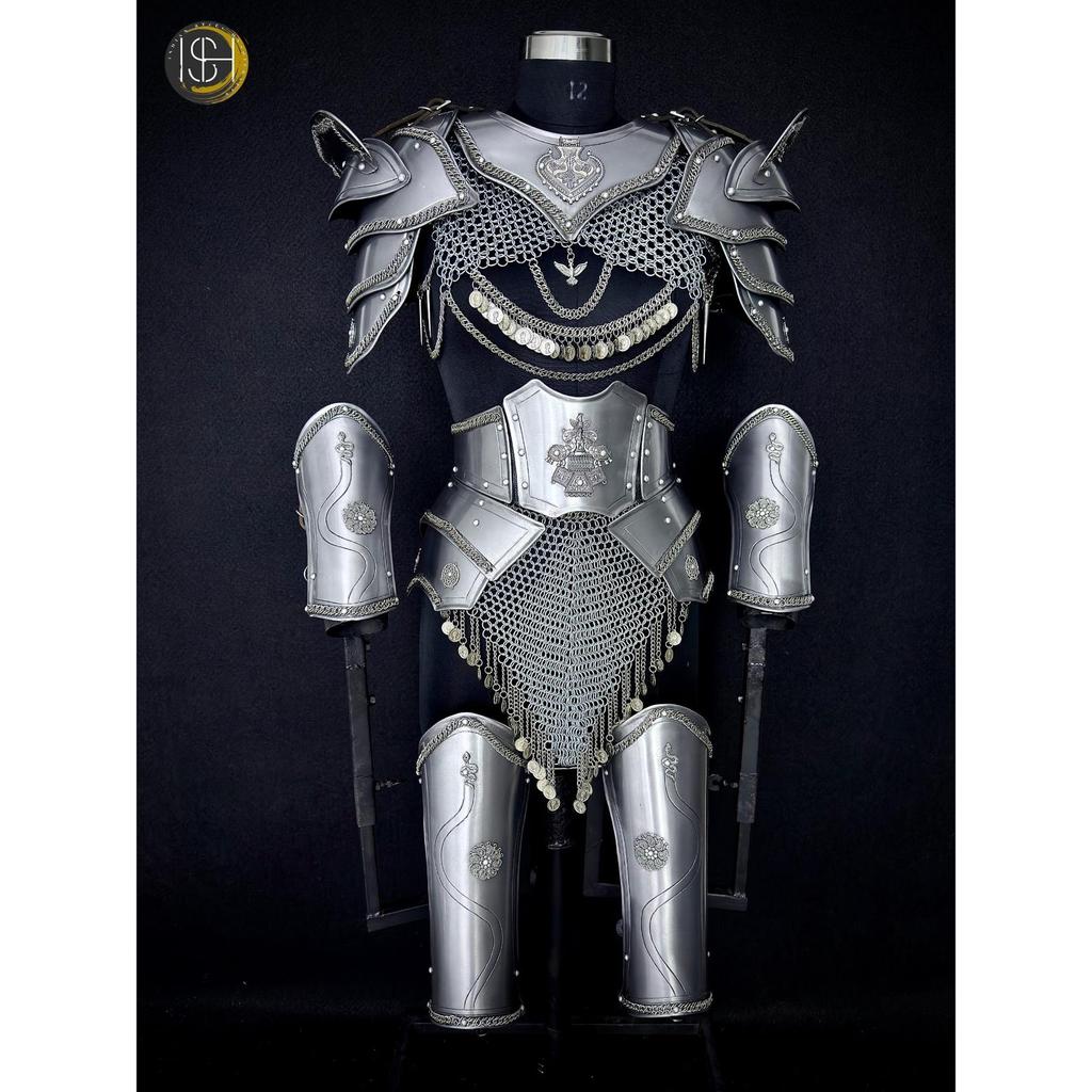 Set Armatura da Cavaliere Medievale Femminile | Armatura da Dama in Acciaio con Gonna a Maglia di Ferro | Costume Cosplay LARP