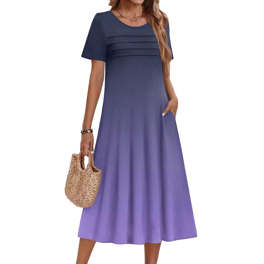 Ladies' Gradient Printed Casual And Fashionable Short Sleeved Round Neck Dress