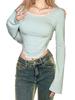 Women S Fashion Slim Cropped Tops Lace Ribbed Patchwork Flare Long Sleeve Round-Neck Show Navel T-Shirt