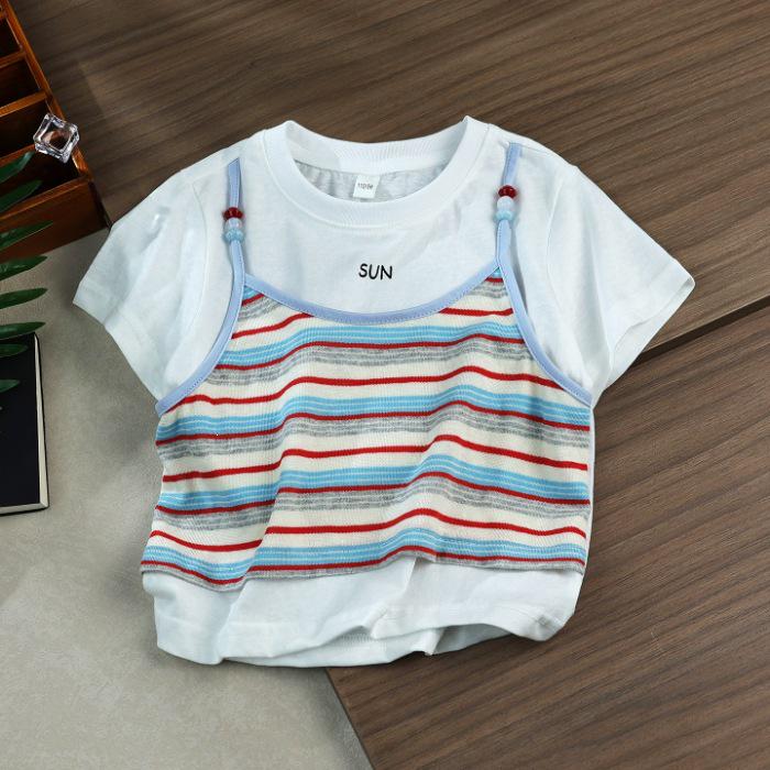 Girls Striped Patchwork Short-Sleeve Two-Piece Look T-shirt - Summer 2026 Fashion. 110 cm