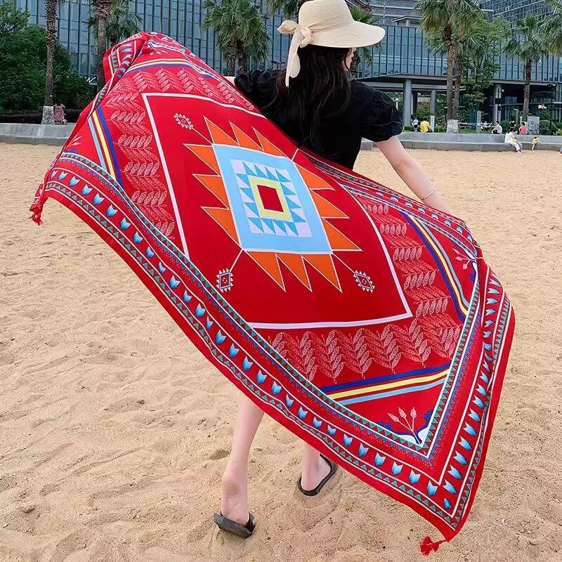 180Cmflower Printed Silk Scarf Ethnic-Style Twill Cotton Scarf Multi-Functional Travel Sun Protection Shawl Women'S Headscarf