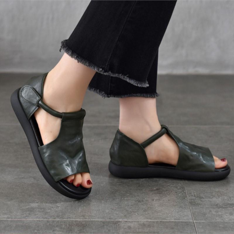 Johnature Genuine Leather Peep Toe Flat Sandals Vintage Solid Color Soft Sole Comfortable Versatile Women Shoes