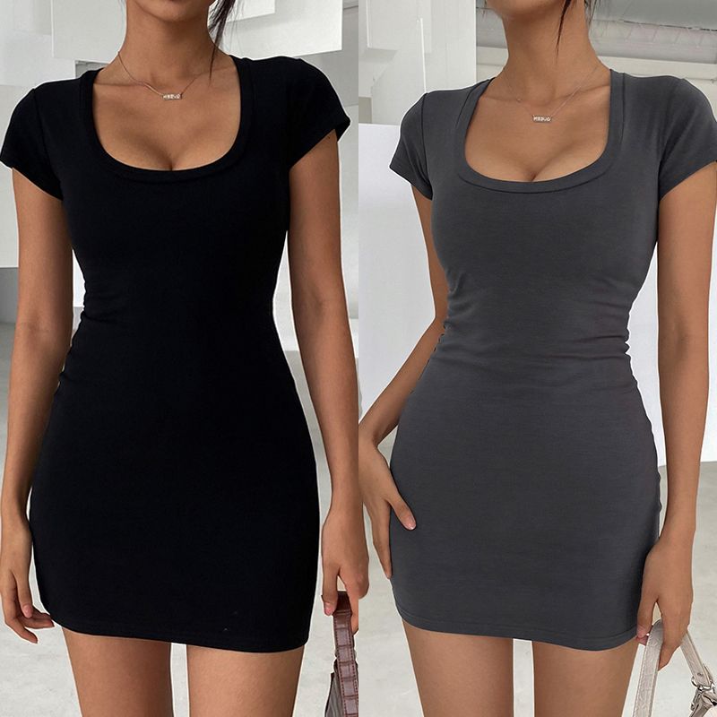 

U Collar Stretch Pure Cotton Summer Short Sleeve Silm Dress Black S