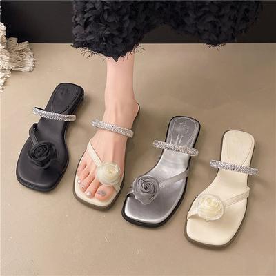 French Thick Heel Rhinestone Cool Slippers Women's Shoes Wear 2025 New Summer Fairy Style Temperament Cool Slippers