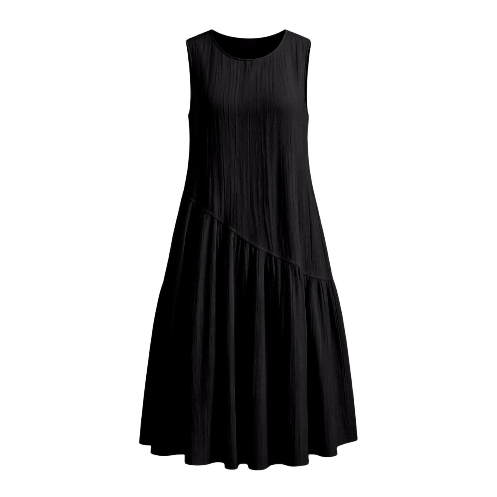Sleeveless Casual Round Neck Dress Women Loose Fit Asymmetric Hem Lightweight Comfortable Summer Dress L чёрный