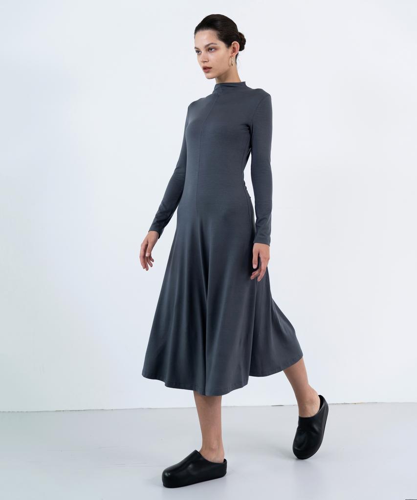 Retour Deux Vingt Quatre Cora High-Neck Tencel Flare Dress (Grey)