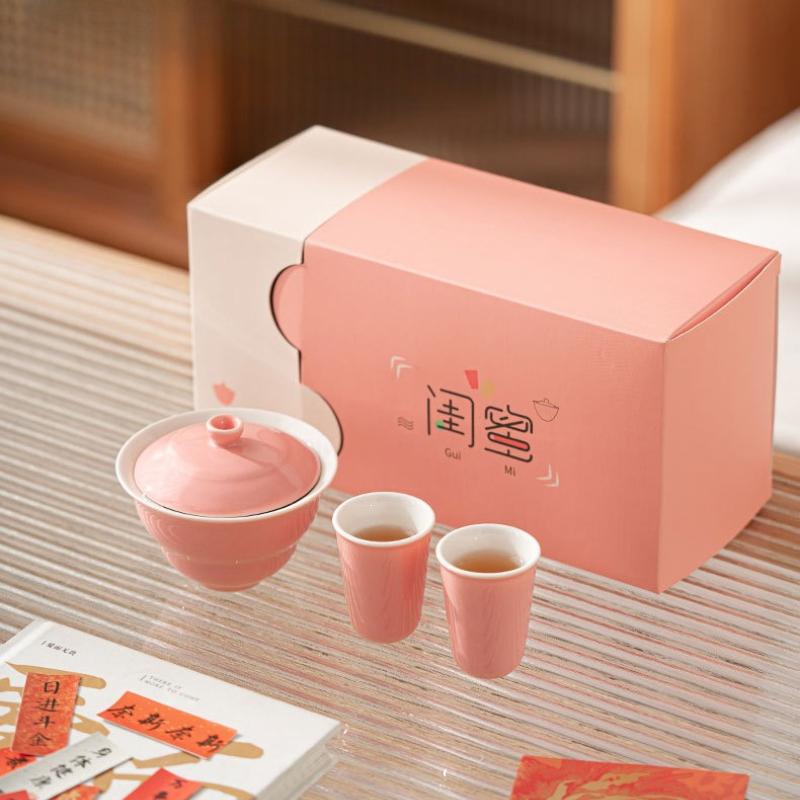 Simple Ceramic Kung Fu Tea Set One Pot and Two Cups Pink Ercai Bowl Goddess' Day Souvenirs Matcha Tools Teaware Kitchen Dining