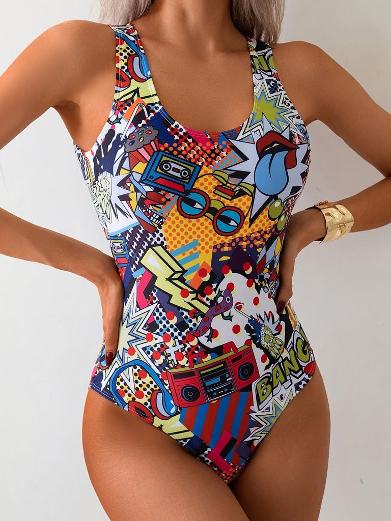Modischer Cartoon-Print Hohe Taille Bauchkontrolle Spezieller Stil Bikini Badeanzug Für Damen