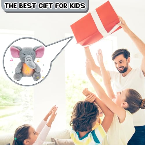 Baby Sleep Aid Soother with Heartbeat Sound, White Noise Music & Soft Light, Newborn Calming Toy, Plush Elephant Stuffed Animal for 0-1 Month+