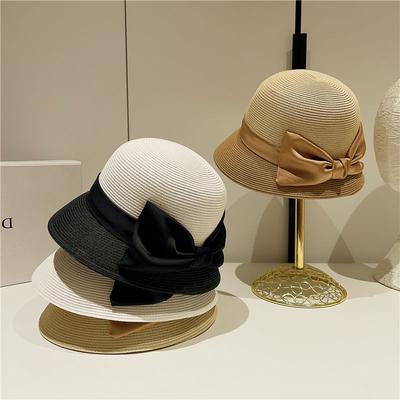 Ladies French Elegant Satin Big Bow Color Matching Straw Hat Retro Top Hat Bucket Hat Sunshade Sun Protection Beach Hat
