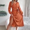 Women Long Sleeve A Line Long Dress High Waist Dot Pleated Autumn Winter Fashion