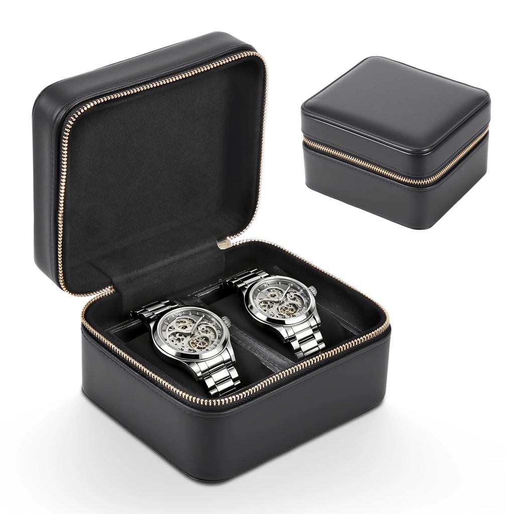2-Schlitz Uhrenbox Organizer Uhrenrolle Reiseetui Tragbar Vintage Leder Uhrenaufsteller Aufbewahrung Herren Damen Geschenk
