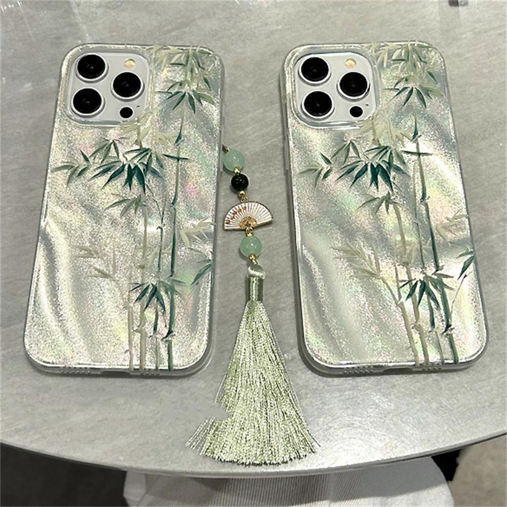 Cute Bamboo Feather Yarn Green New Phone Case For iphone 16 15 14 Pro Max 13 12 11 With Pendant Cover Shockproof Anti-drop Shell