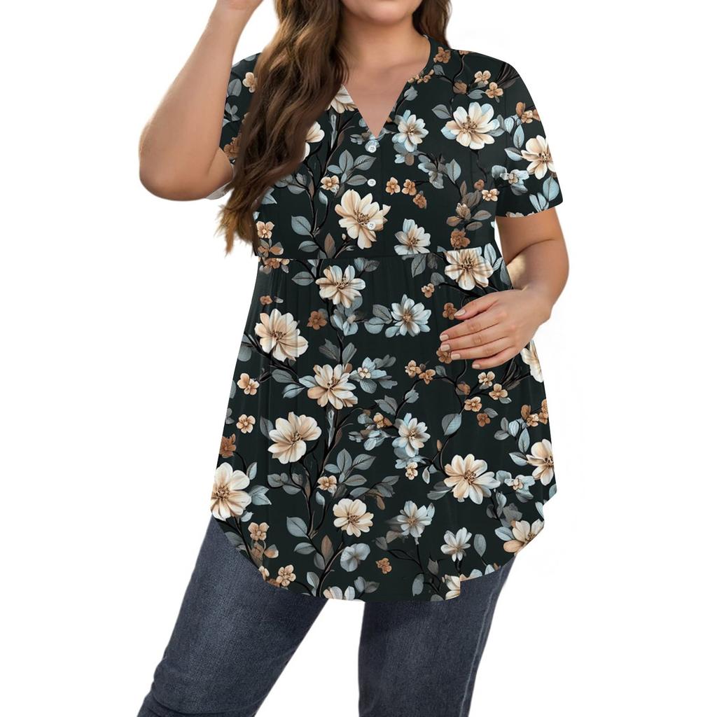Dame Print Stor Størrelse V-hals Knapp-opp Topp Casual Kortermet Vid Topp