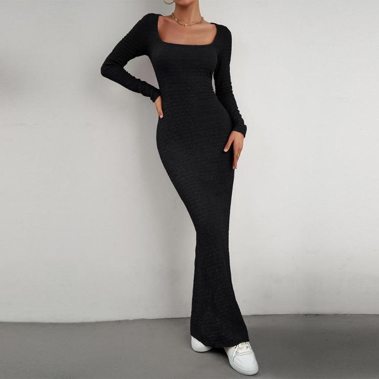 Herbst Damen Einfarbig Slim Fit Strickkleid Langarm Eckiger Ausschnitt