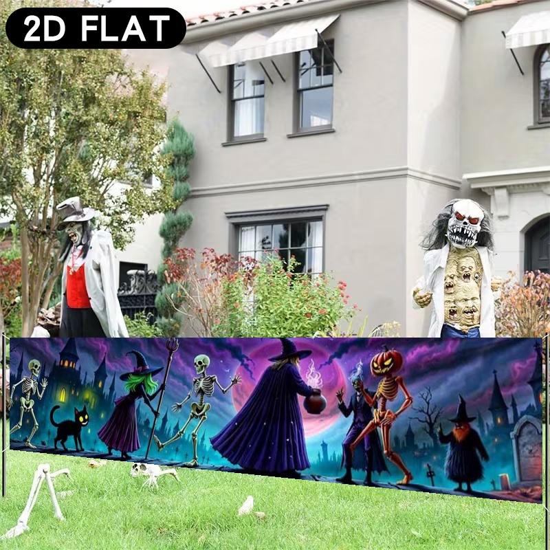 Halloween Fence Party Pennant, Witches Skulls Jack-O'-Lanterns Black Cats Gothic Design, Polyester Outdoor Garden Decoration