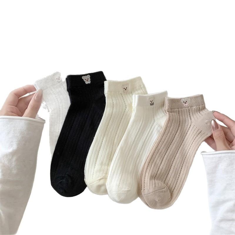Cute Little Bear Embroidered White Sock Summer Lightweight Short Socks for Children, Breathable Mesh Summer Boat Socks