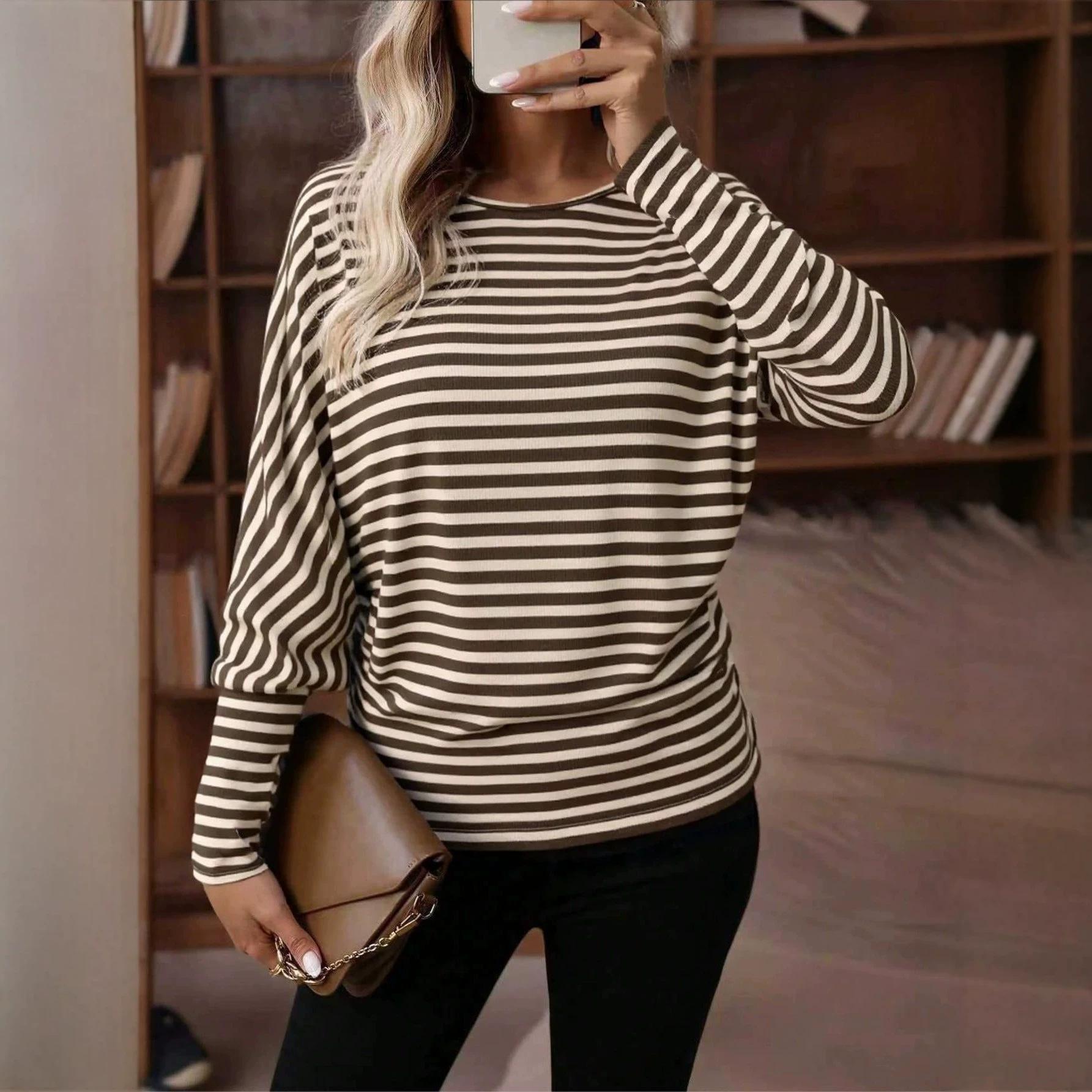 Women S Striped Round Neck Loose Fit Long Sleeve T Shirt S кофейный