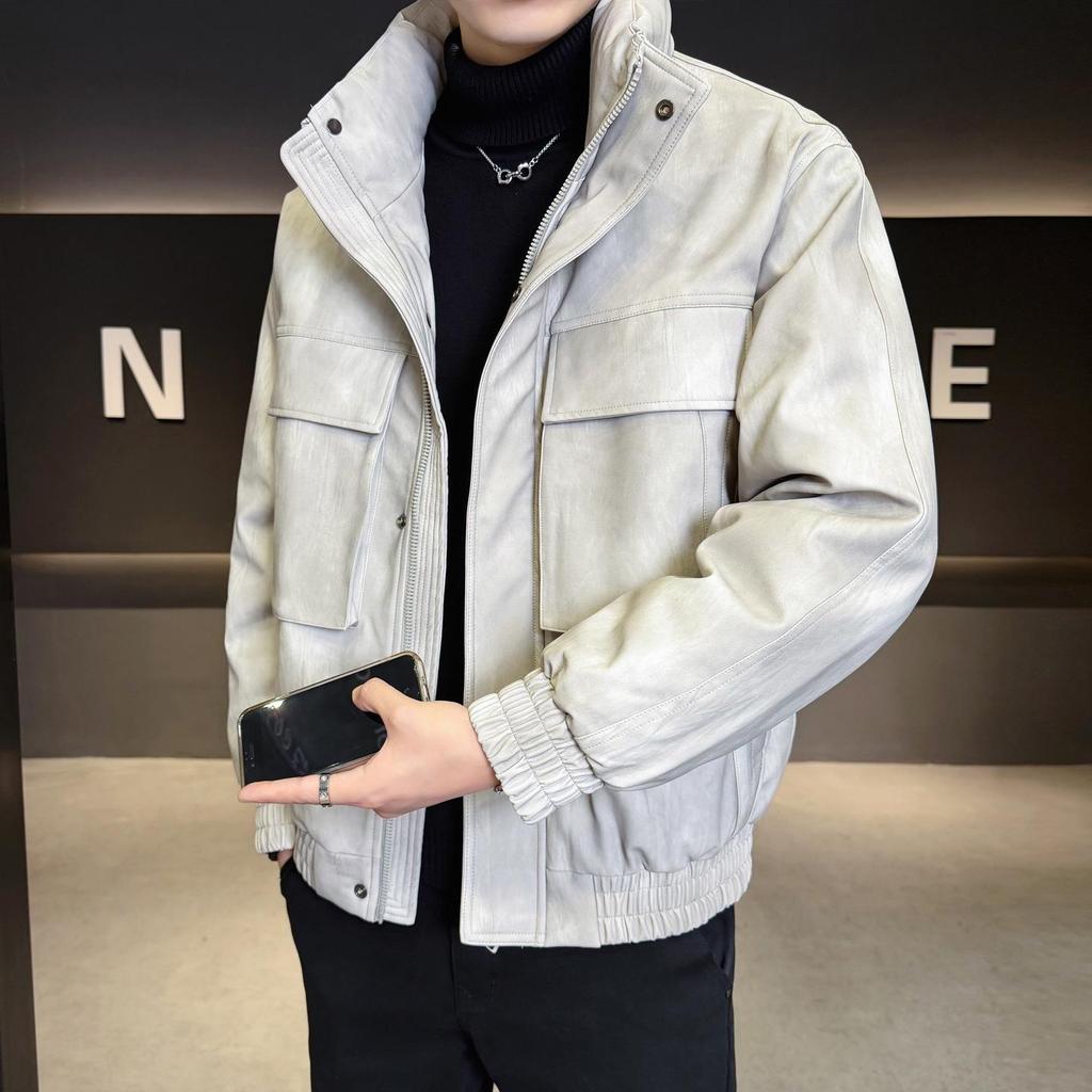 Men's 2025 Lightweight Leather Down Jacket: Stylish Short Winter Coat with Thick Stand Collar for Youth.