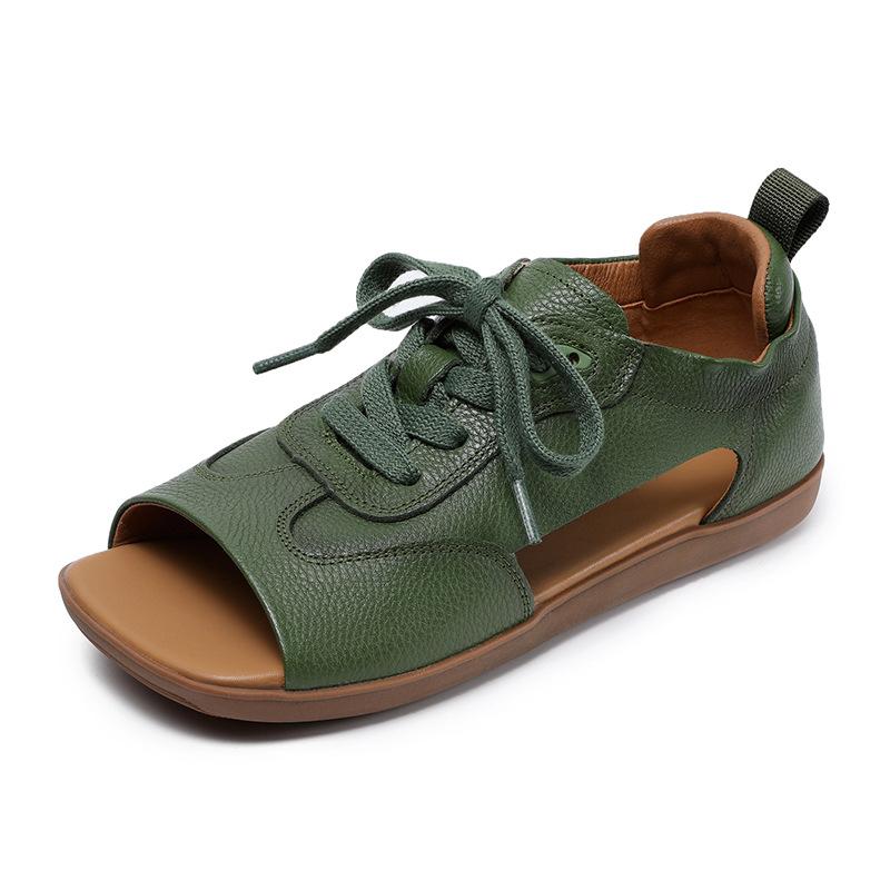 Johnature Sandalias Peep Toe de Cuero Genuino Retro de Suela Plana con Cordones Zapatos de Mujer de Suela Blanda