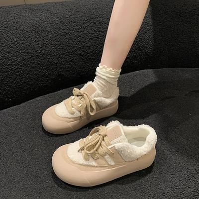 Women's Lace-up Color-blocked Thick Soles 2024 Color-blocked Women's Shoes Winter New Lace-up Plush Warm Casual Cotton Shoes