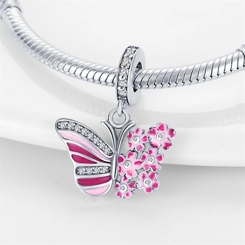 Charm Bead Charms Authentic Copper Plated Cherry Blossom Collection Pink Butterfly Pendant Bead Charms Compatible With Bracelets Diy Fine Gift Women
