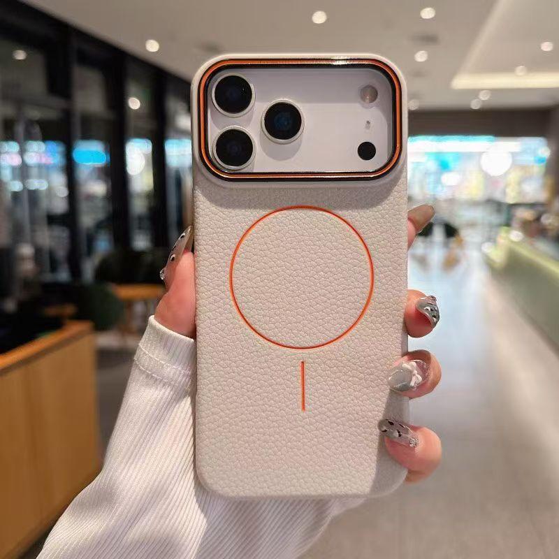 Apple 17promax thin ring magnetic mobile phone case iPhone16 large hole 15 lychee pattern 14 anti-drop 13 protective case