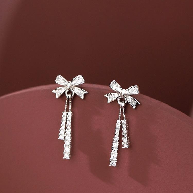Bow Tassel Stud Earrings Women's Light Luxury Cold Style Design Earrings with The Same Versatile Ear Jewelry