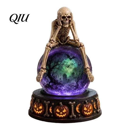 Decorative Window Ornament LED Lighted Halloween Faux Crystal Ball Decoration, Resin Witch/Skeleton/Cat/Ghost Figurine with Detailed Claw Bone