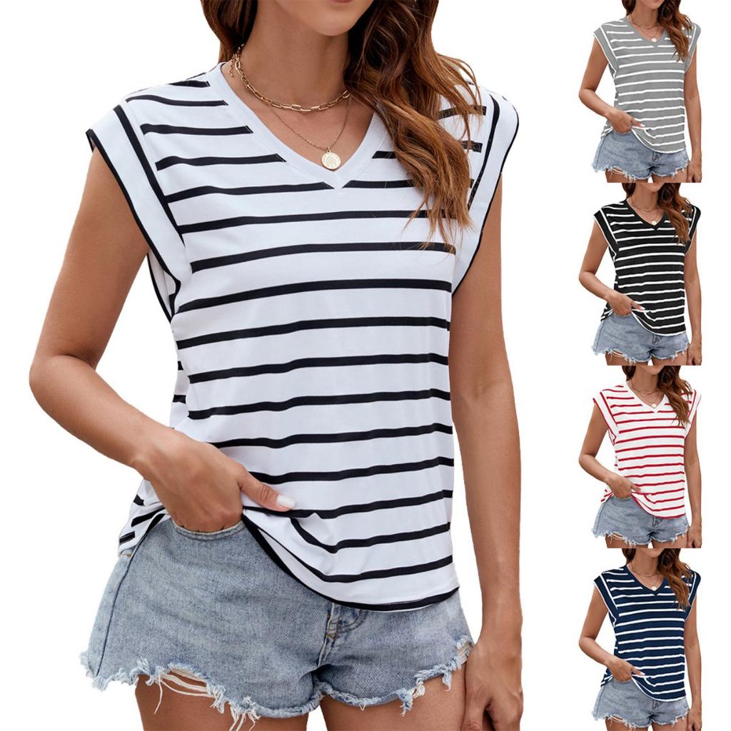 Summer V-neck Striped Loose Short Sleeve T-shirt Top for Women, European American Cross-border Women's Clothing In Stock