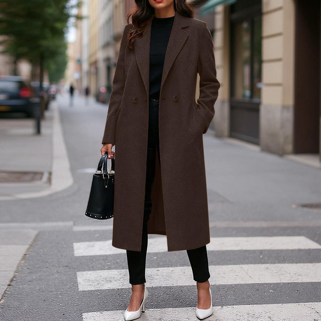 Women's Fashionable -color Lapel Long-sleeved Woolen Coat