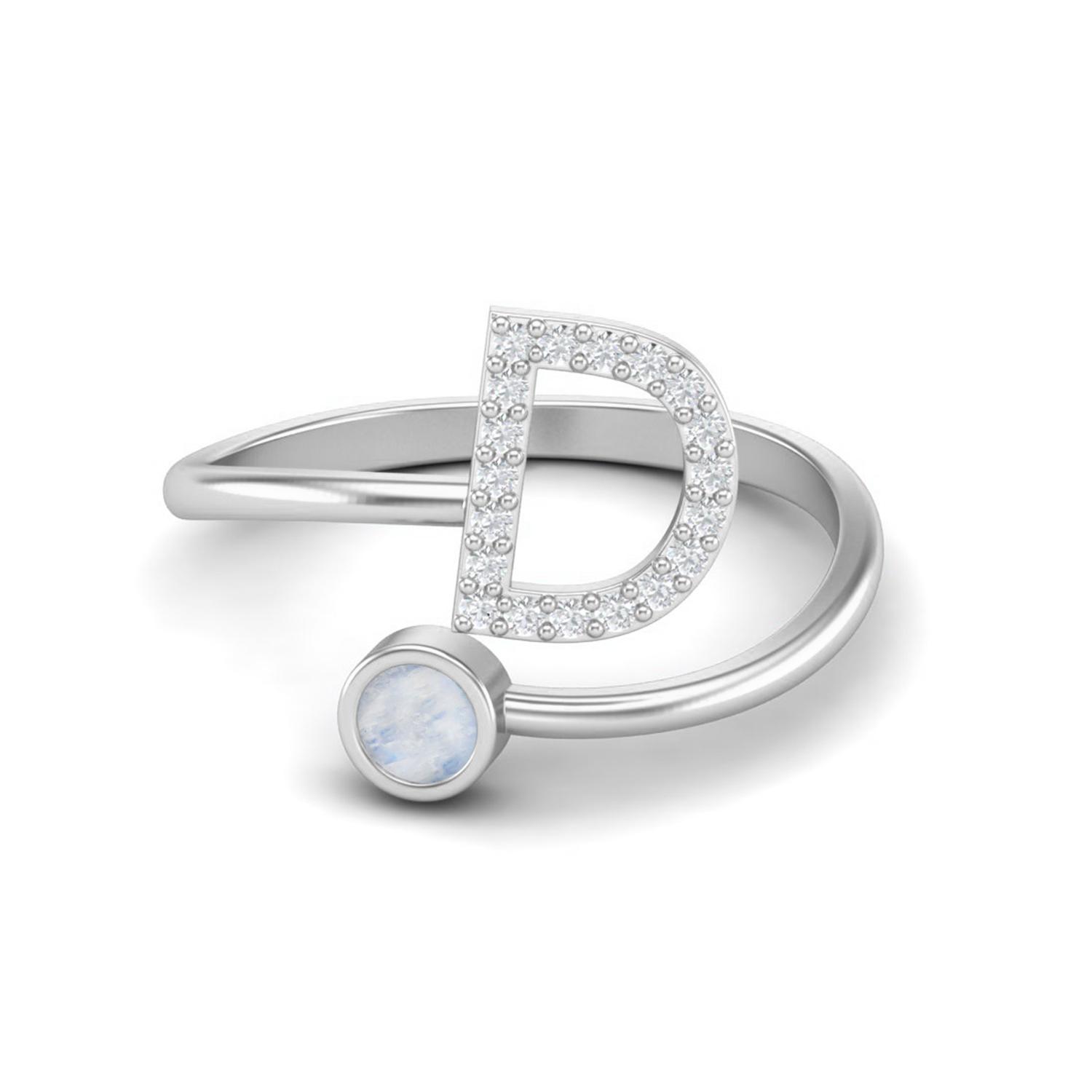 Capital D Initial Letter Moonstone Women Adjustable Front Open Ring 925 Sterling Silver 9 белый